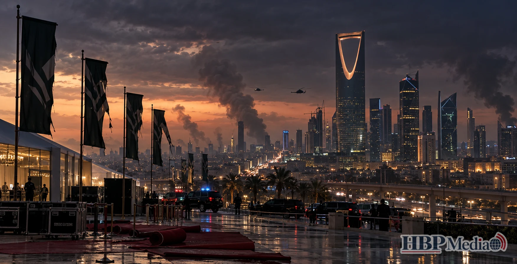 De skyline van Riyad in Saoedi-Arabië, waar Houthi-aanvallen leiden tot het afgelasten van internationale evenementen en economische onzekerheid.