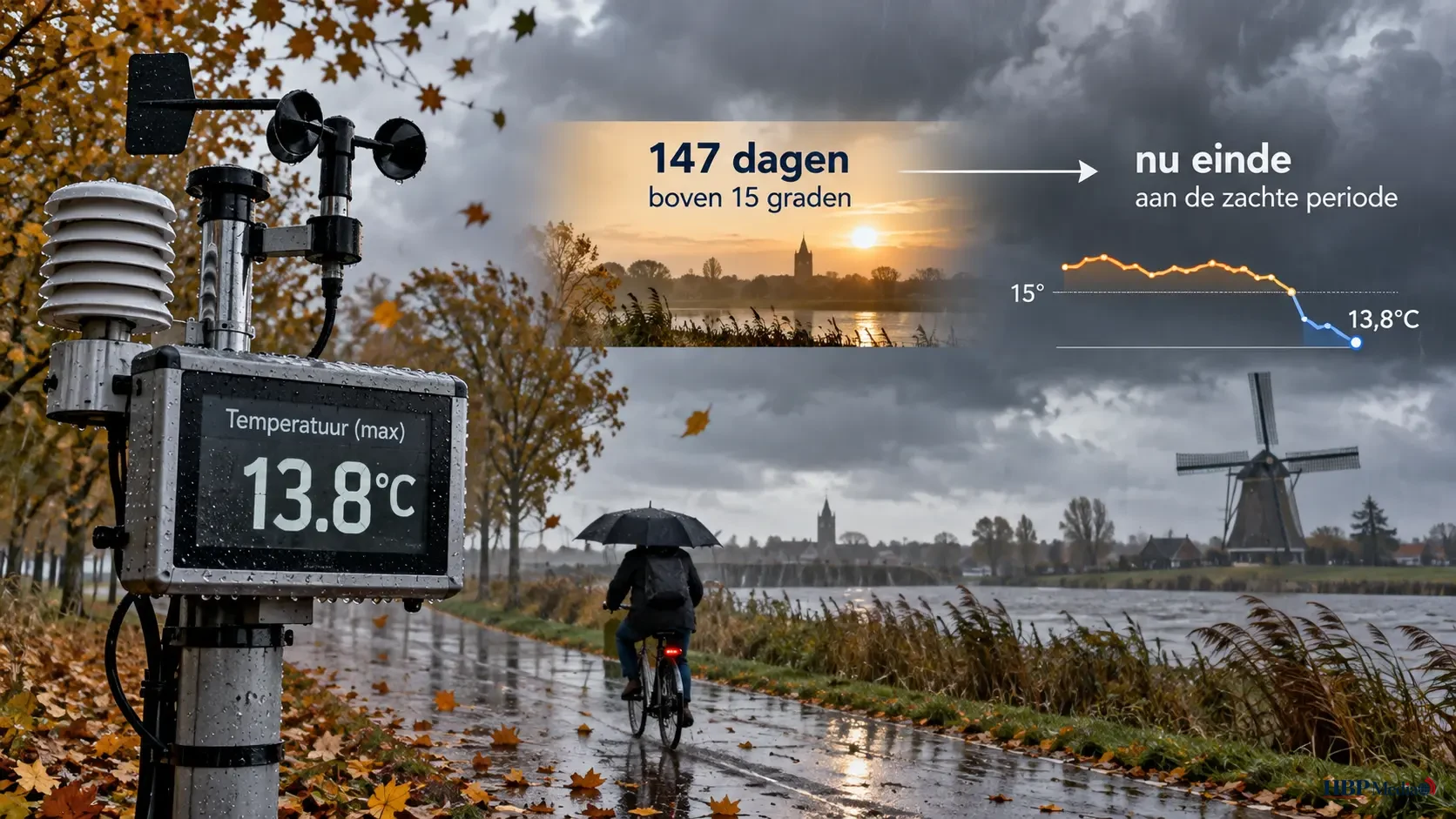 Bewolkt en regenachtig herfstweer maakt na 147 dagen een einde aan een uitzonderlijk lange periode met temperaturen boven 15 graden.