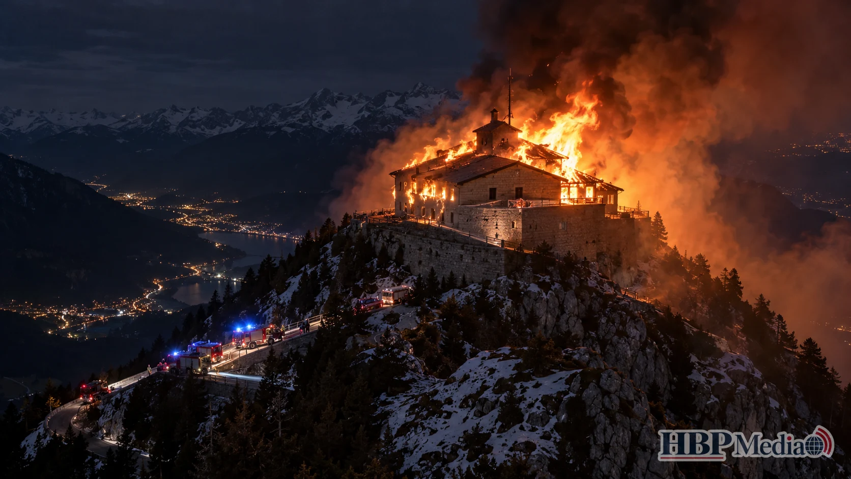 Grote uitslaande brand in het historische Kehlsteinhaus, beter bekend als Hitlers Adelaarsnest, op de Kehlstein bij Berchtesgaden in Duitsland.