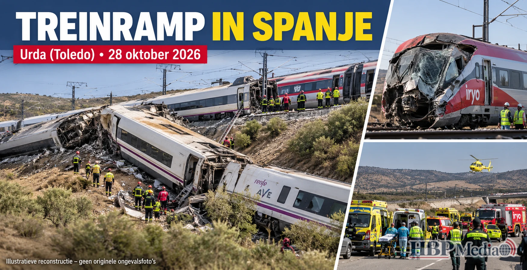 Hulpdiensten bij het ernstige treinongeval nabij Urda in Spanje, waar op 28 oktober 2026 twee hogesnelheidstreinen botsten en tientallen doden vielen.