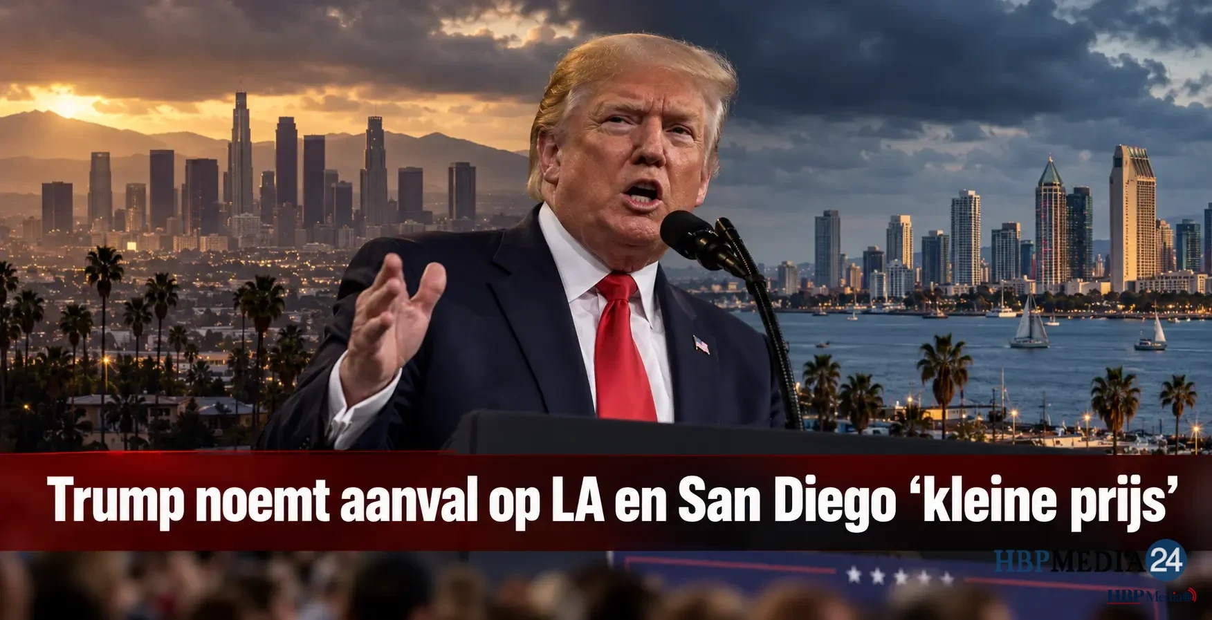 Donald Trump tijdens campagnebijeenkomst in Nebraska waar hij sprak over Iran, Los Angeles en San Diego