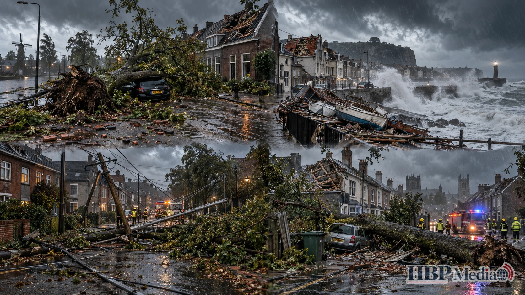 Zware herfststorm Austen richt schade aan in Nederland, België, Frankrijk en Engeland, met omgewaaide bomen, beschadigde woningen en grote stroomstoringen.