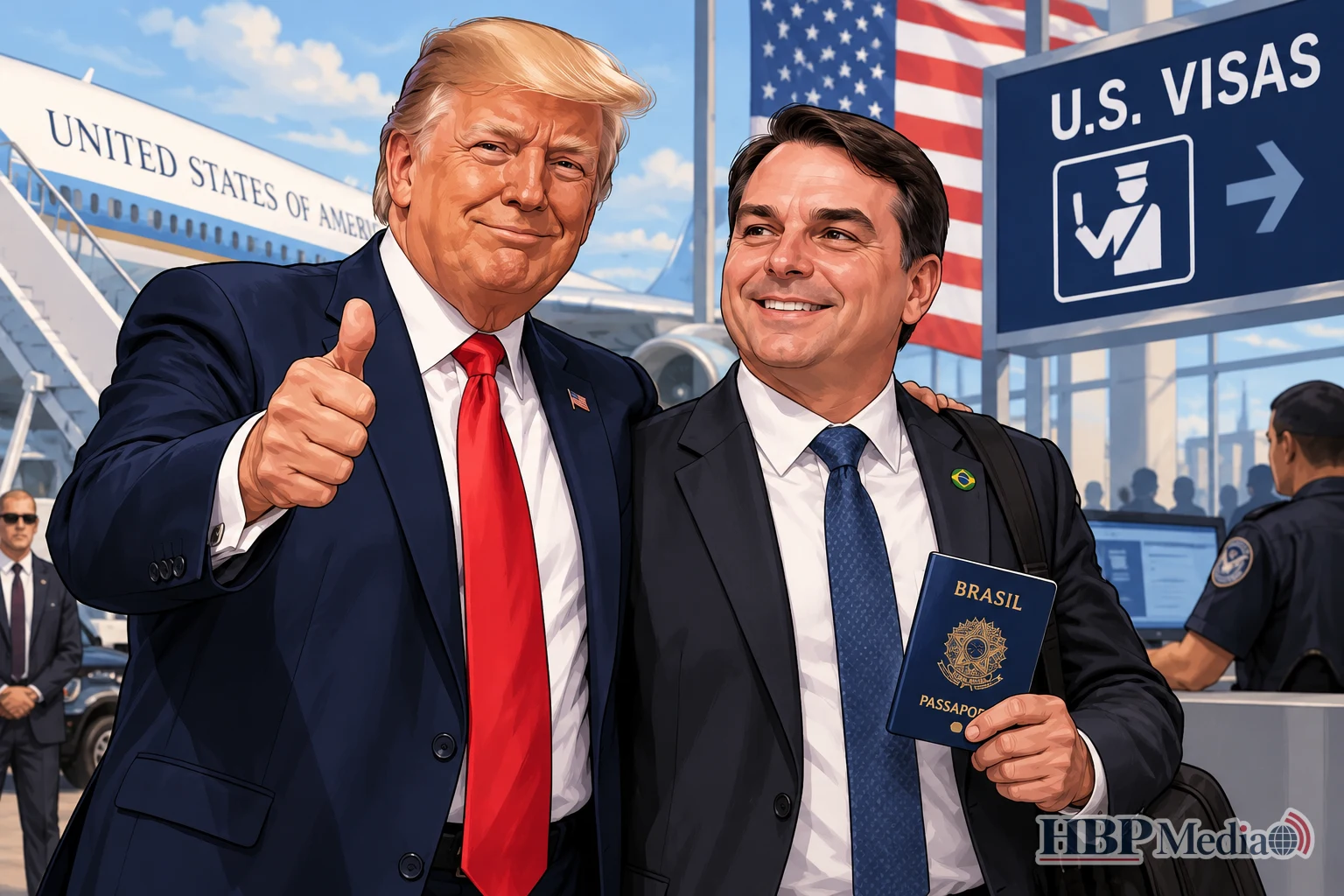 De Amerikaanse president Donald Trump en de Braziliaanse politicus Flávio Bolsonaro, die na zijn verkiezingsnederlaag en ondanks een uitreisverbod toestemming kreeg om naar de Verenigde Staten te komen.