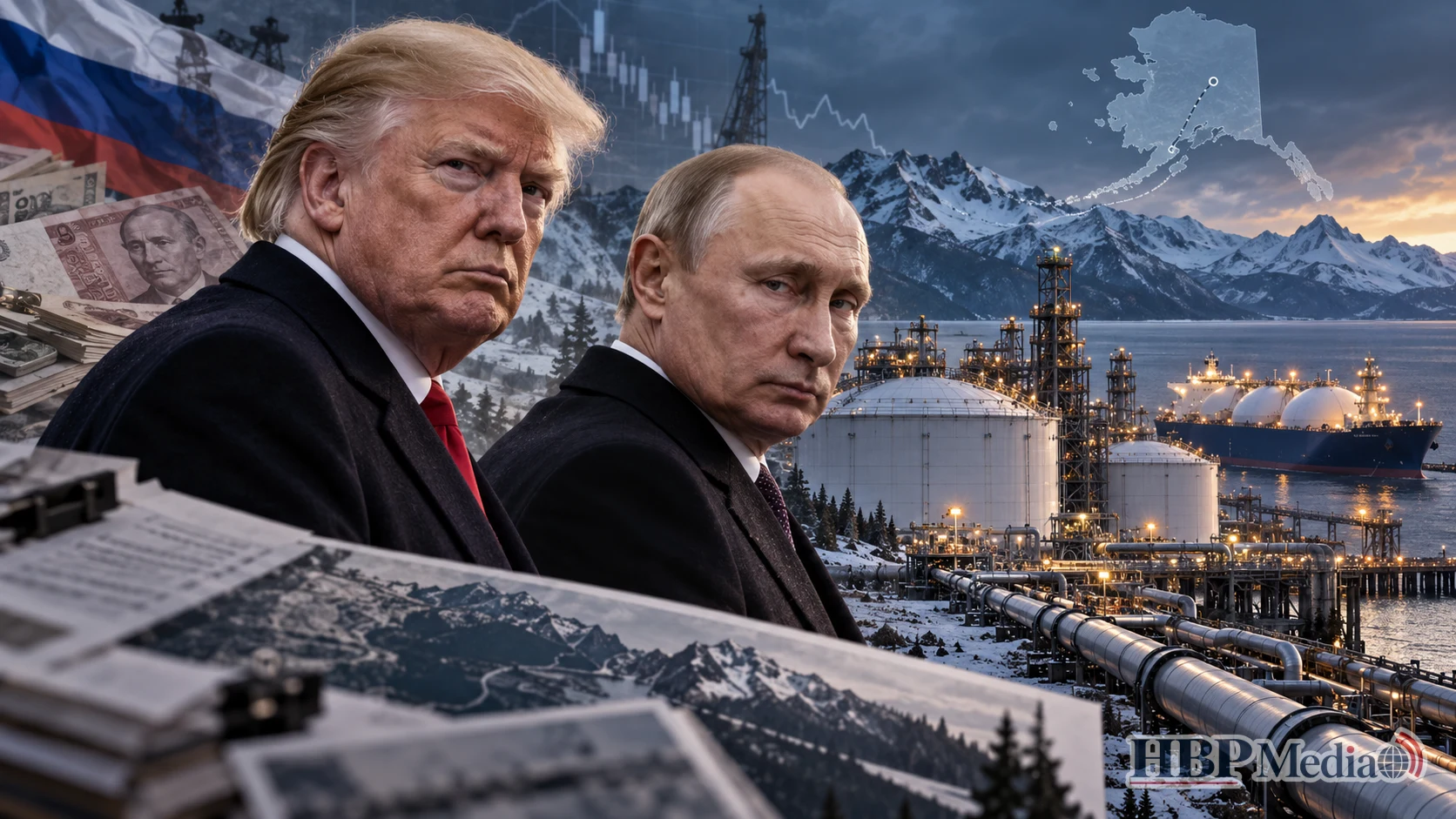 Donald Trump en Vladimir Poetin staan centraal in een controverse over Russische financiering en mogelijke invloed op een Amerikaans aardgasproject in Alaska.