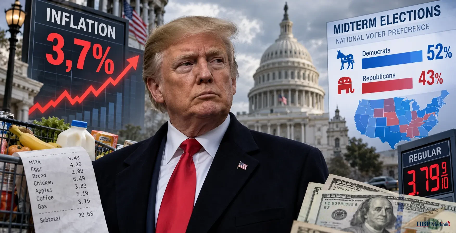 President Donald Trump ziet de Amerikaanse inflatie oplopen tot 3,7 procent terwijl Democraten in de peilingen voor de tussentijdse verkiezingen voorliggen.