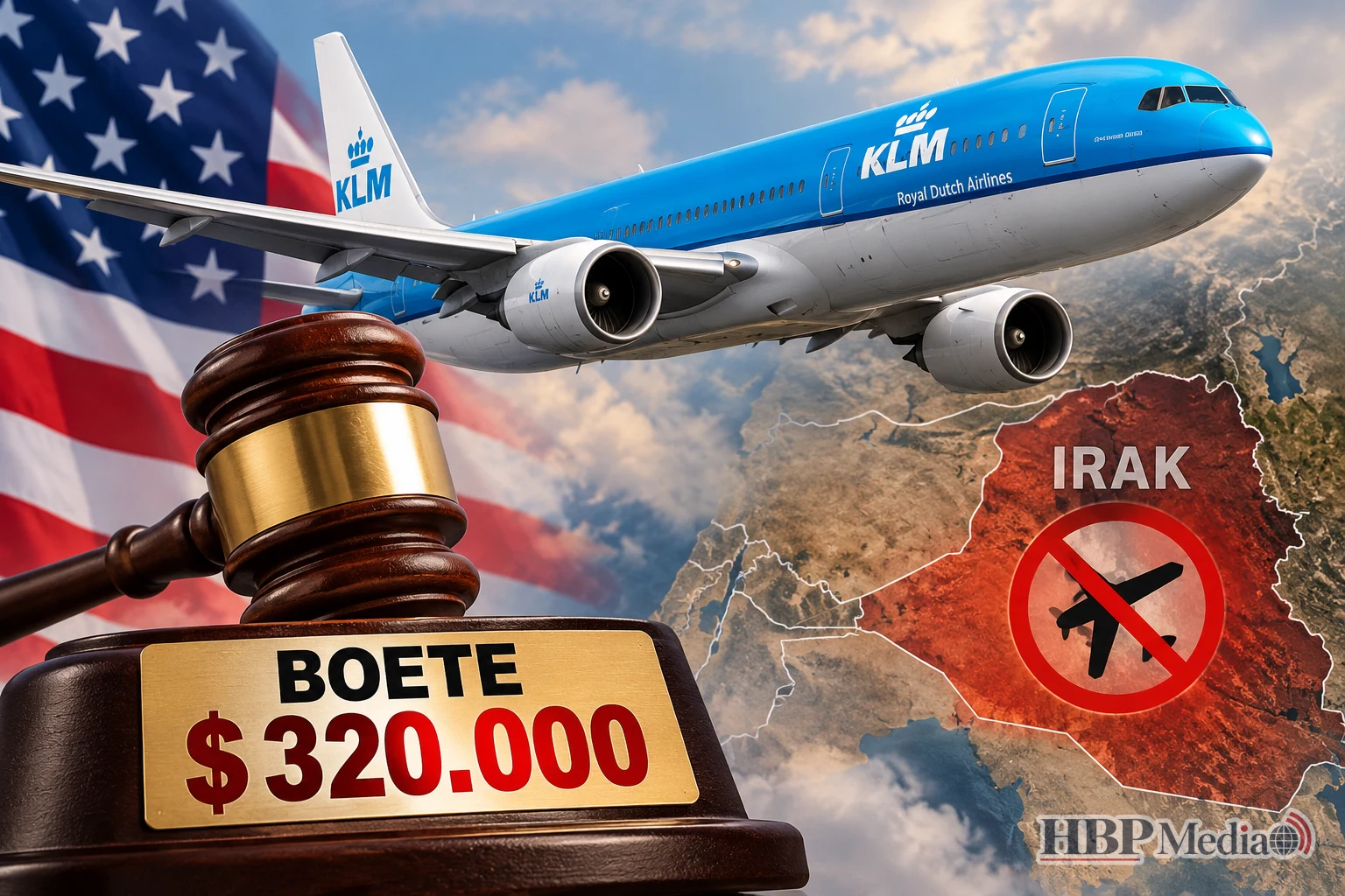 KLM-passagiersvliegtuig dat symbool staat voor de Amerikaanse boete van 320.000 dollar wegens vluchten door verboden luchtruim boven Irak.