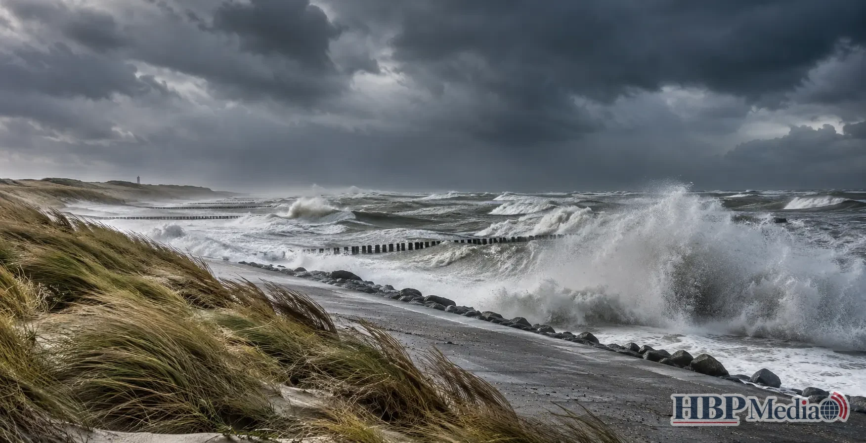 Stormachtig weer aan de Nederlandse kust met zware windstoten, hoge golven en donkere regenwolken.