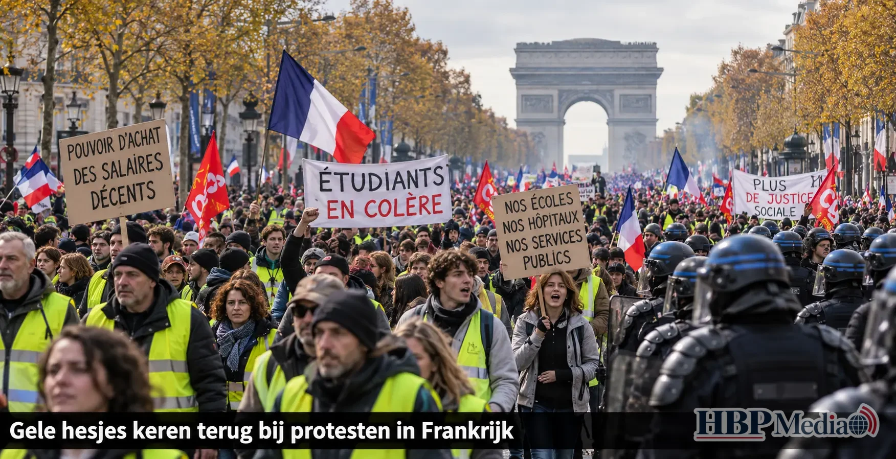 Demonstranten met gele hesjes protesteren in Parijs tegen de stijgende kosten van levensonderhoud, terwijl de Franse politie toezicht houdt.